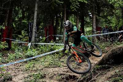 Thomas Estaque rides during practice at the UCI MTB Downhill World Cup at Les Gets, France, on July 11, 2019.