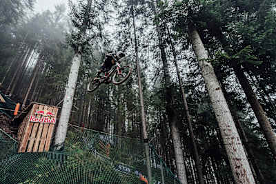 The road gap jump section on the downhill course at the UCI DH World Championships in Leogang, Austria, on October 10, 2020.