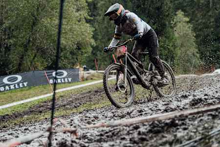 Tracey Hannah rides at the UCI Mountain Bike Downhill World Championships in Leogang, Austria on October 11, 2020.