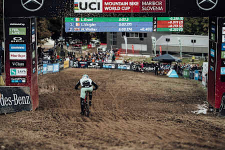 Loic Bruni rides towards the finish line at the 2020 UCI DH MTB World Cup in Maribor, Slovenia.