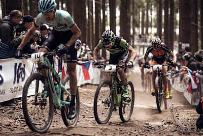 Tempier, Marotte and Sarrou in XCO Word Cup action at Nové Město, Czech Republic.