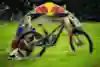 Joe Smith poses beside his bike at Red Bull Hardline in Dinas Mawddwy, Wales on September 14, 2018.
