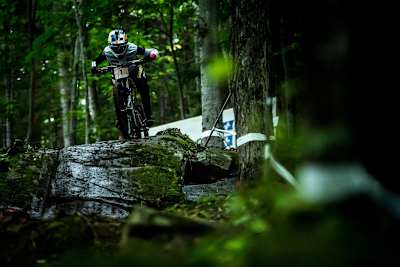 Myriam Nicole racing during UCI DH World Cup Rd 6 in Mont-Sainte-Anne, Canada on August 5, 2017.
