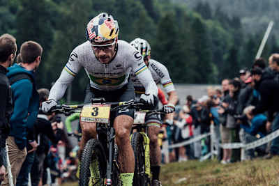Henrique Avancini rides up the climb during the XCC race at Rd 7 of the UCI XCO MTB World Cup 2018 in La Bresse, France on August 24, 2018.