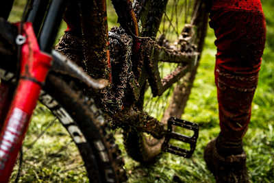 Bike covered in mud seen at Red Bull Hardline 2018.