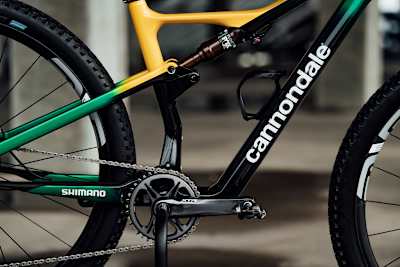 Close up of rear shock on Henrique Avancini's bike