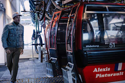 BMX Flatland star Matthias Dondois prepares to board the Alexis Pinturault gondola in Kitzbühel, Austria on January 13, 2022.