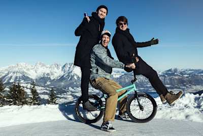 BMX Flatland star Matthias Dandois and musicians Camo & Krooked are seen during the filming of the Kitzbühel Spin-Off in Kitzbühel, Austria on January 13, 2022.