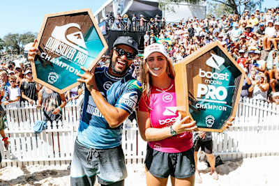 Caroline Marks and Italo Ferreira celebrating wins at the 2019 Gold Coast Pro