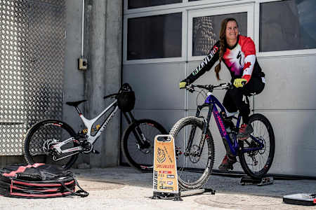 Miranda Miller warms up at Lenzerheide DH World Cup Qualis in Switzerland on July 7, 2017