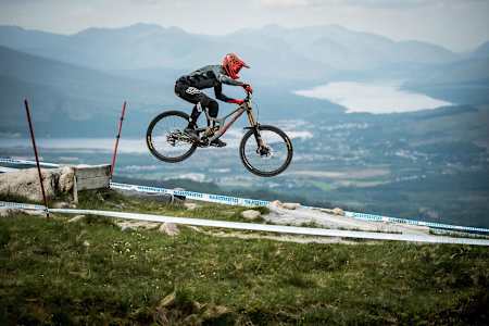 Rider at Fort William World Cup practice 2018.