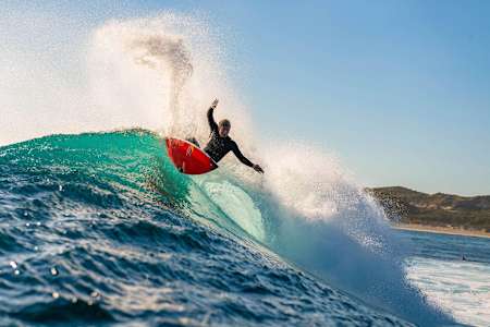 Kanoa Igarashi performs a turn while surfing in Western Australia.