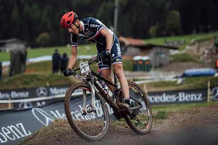 Jordan Sarrou climbs during the UCI XCO World Championships in Leogang, Austria, on October 10, 2020.