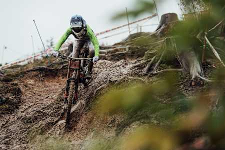 Monika Hrastnik rides at the UCI Mountain Bike Downhill World Championships in Leogang, Austria on October 11, 2020.