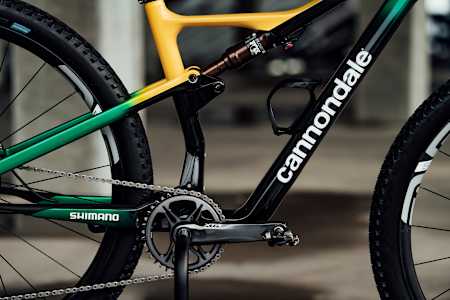 Close up of rear shock on Henrique Avancini's bike