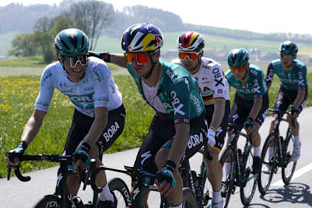 Pro road cycling athlete Toni Palzer on a training ride with his BORA-hansgrohe teammates in preparation for the 2022 Tour de Romandie.