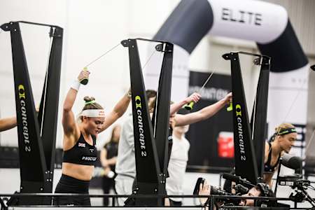 HYROX athlete Lucy Procter powering through the SkiErg station.