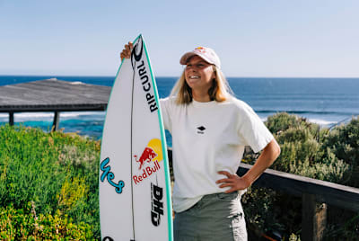 Molly Picklum with her surfboard at the Margaret River Pro on April 12, 2024.