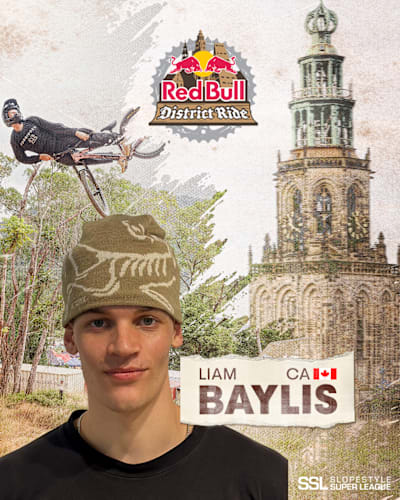 Rider graphic for Red Bull District Ride 2026 featuring Liam Baylis. 