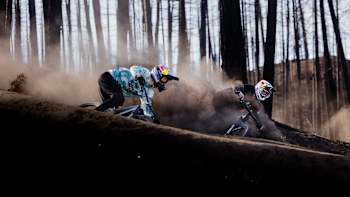 Brandon Semenuk and Kade Edwards ride alongside each other on a dual slalom section during Parallel II in Falkland, Canada. 