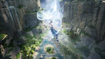 Screenshot aus Infinity Nikki zeigt die Heldin, die an einer Blume über ein Tal vor einem Wasserfall segelt.