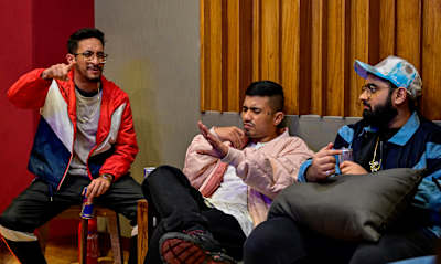 Seedhe Maut's Encore ABJ and Calm with Sez On The Beat in a recording studio.