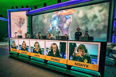G2 play on stage at the League of Legends World Championship 2019.