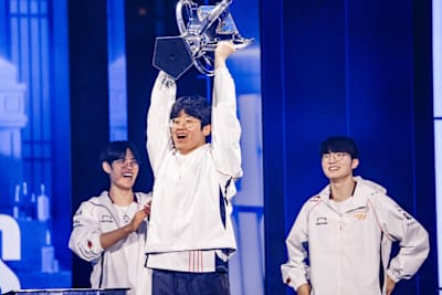T1 pictured lifting the trophy after winning the 2024 League of Legends World Championships in London, UK.