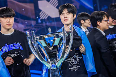 Creme hold the cup at League of Legends World Championship 2022, San Francisco, US