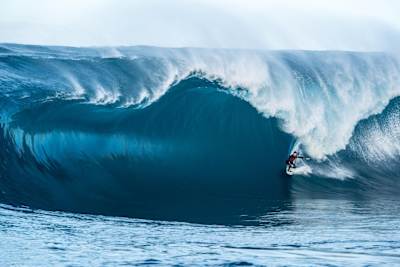 Surfer Kerby Brown rides a huge tube at The Right in Western Australia.