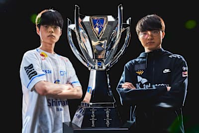 Kim "Deft" Hyuk-kyu of DRX and Lee "Faker" Sang-hyeok of T1 pose at the 2022 League of Legends World Championship in San Francisco, CA.