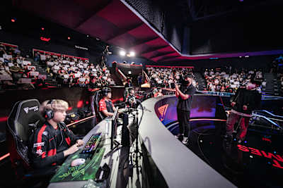 A photo of T1 in action vs DRX at the LoL Park, Seoul, South Korea during the League of Legends Champions Korea (LCK) 2022 Summer Season