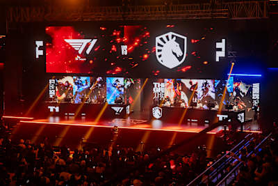 T1 (L) and Team Liquid compete at the League of Legends World Championship 2023 Swiss Stage on October 19, 2023 in Seoul, South Korea.