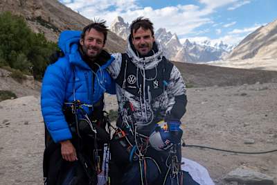Tom de Dorlodot and Horacio Llorens pose for a portrait in Pakistan just after they landed on June 26, 2022. 
