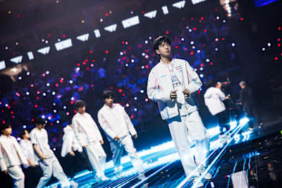 BLG on stage during the 2024 League of Legends World Championships final in London, UK.