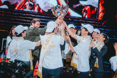 T1 lift the trophy onstage after being crowned champions at League of Legends Worlds 2025 Finals on November 08, 2025 in Chengdu, China. 