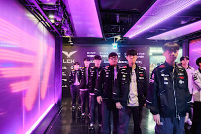 A photo of T1 during LCK Week 1 at LoL Park in Seoul, South Korea.