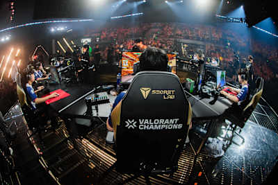 T1 compete onstage during VALORANT Champions Shanghai Playoffs Day 3 at Jing’an Sports Center on October 09, 2026 in Shanghai, China.