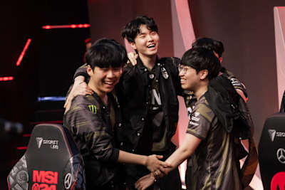 Chovy and GenG celebrate winning the MSI title.