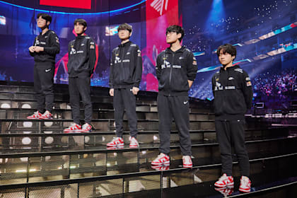 T1 pose prior to the League of Legends World Championship 2022 Grand Final in San Francisco, CA.