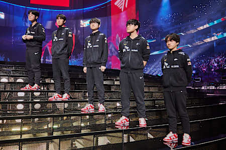 T1 pose prior to the League of Legends World Championship 2022 Grand Final in San Francisco, CA.