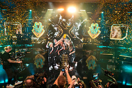 G2 Gozen celebrate onstage at the VALORANT Game Changers Championship Finals Stage on November 20, 2022 in Berlin, Germany.  