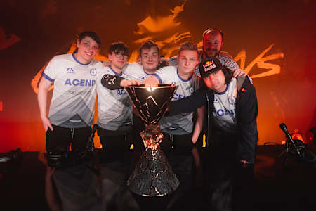 Team Acend and cNed pose with the Champions Trophy at the Valorant Champions Finals on December 12, 2021 in Berlin, Germany