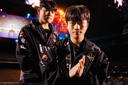 Lee "Gumayusi" Min-hyeong (L) and Ryu "Keria" Min-seok of T1 at the League of Legends World Championship 2023 Semi Finals Features Day on November 9, 2023 in Seoul, South Korea.