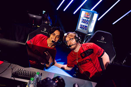  Sentinels competitors Reduxx (left) and Zellsis (right) strike a pose during the pre-match phase at Red Bull Home Ground in Seattle, Washington USA on September 29, 2024. 