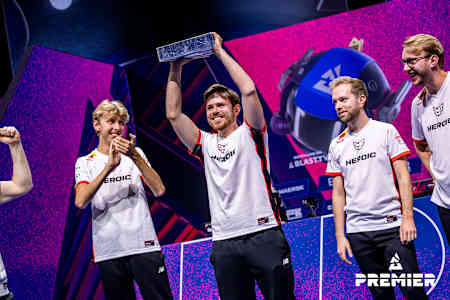 Rasmus 'Sjuush' Beck of Team Heroic lifts the BLAST Premier trophy after winning the BLAST Premier Spring Final in Washington DC, USA.