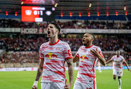 Dominik Szoboszlai pictured celebrating a goal for Bundesliga team RB Leipzig.