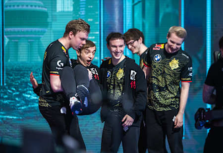 A picture of G2 enjoying their quarter final victory at the League of Legends World Championship 2020 in Shanghai, China.