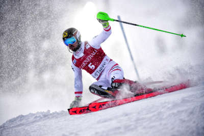 Marcel Hirscher performs at the FIS Alpine Skiing World Cup in Val d'Isère, France on December 10, 2017