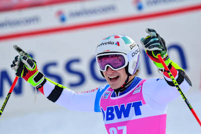 Marco Odermatt performs at FIS Alpine Skiing World Cup in Adelboden, Switzerland on January 12th, 2019.